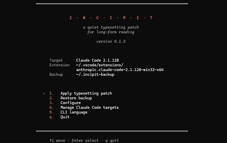 incipit CLI main menu: apply patch / restore official Claude Code / configure / manage targets / CLI language