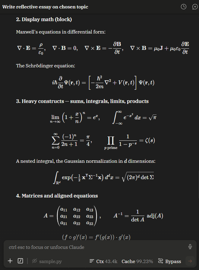 incipit math rendering: display blocks, sums / integrals / limits / products, matrices, and aligned equations