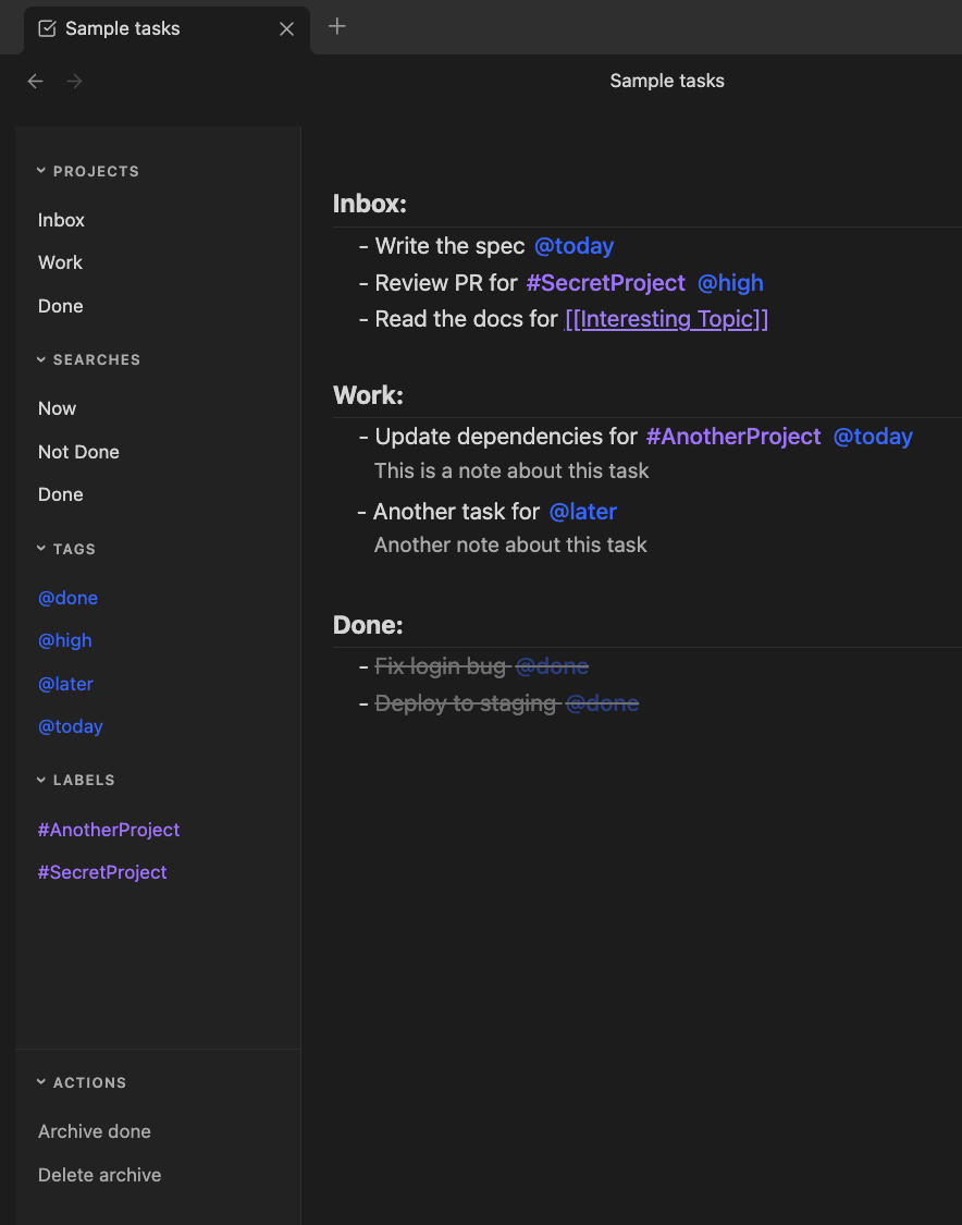 GTDown editor in dark mode showing wikilinks and notes