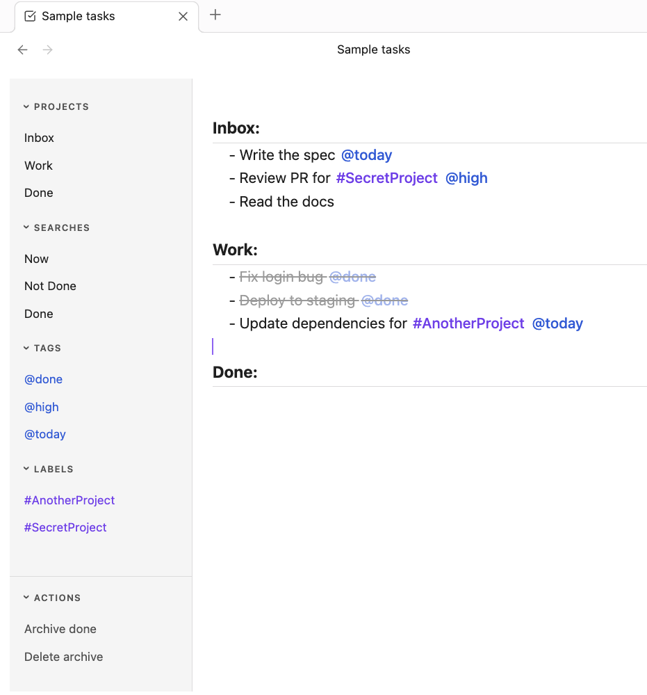 GTDown editor showing projects, tasks, tags, labels, and sidebar