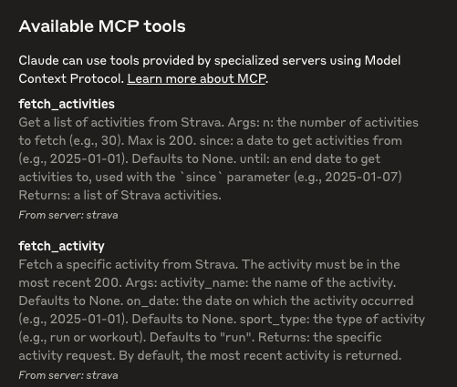 Available MCP tools Available MCP tools showing that Strava has been installed