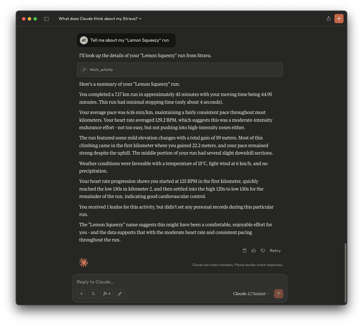 Querying an activity The output of claude when asking about a specific activity