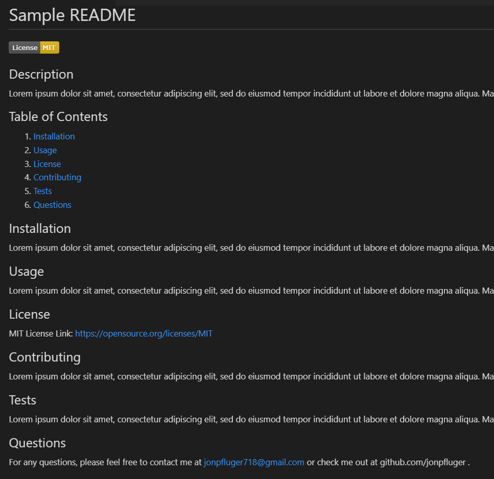 A readme is generated with a title, description, table of contents, and more