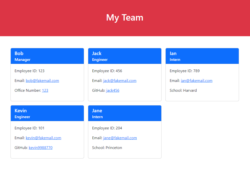 A webpage is generated with cards for each team member