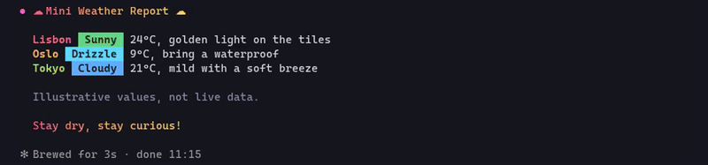 A live reply redrawn as the theme switches between crayon, synthwave, pastel, ocean, forest and mono