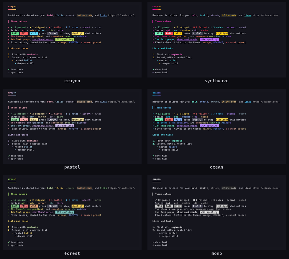 The demo under each of crayon's six themes