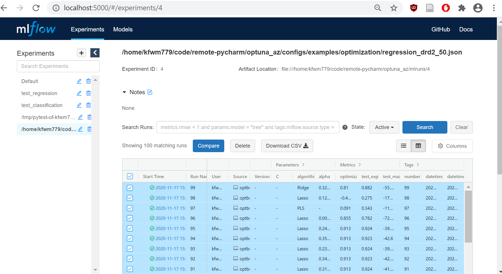 mlflow select experiment