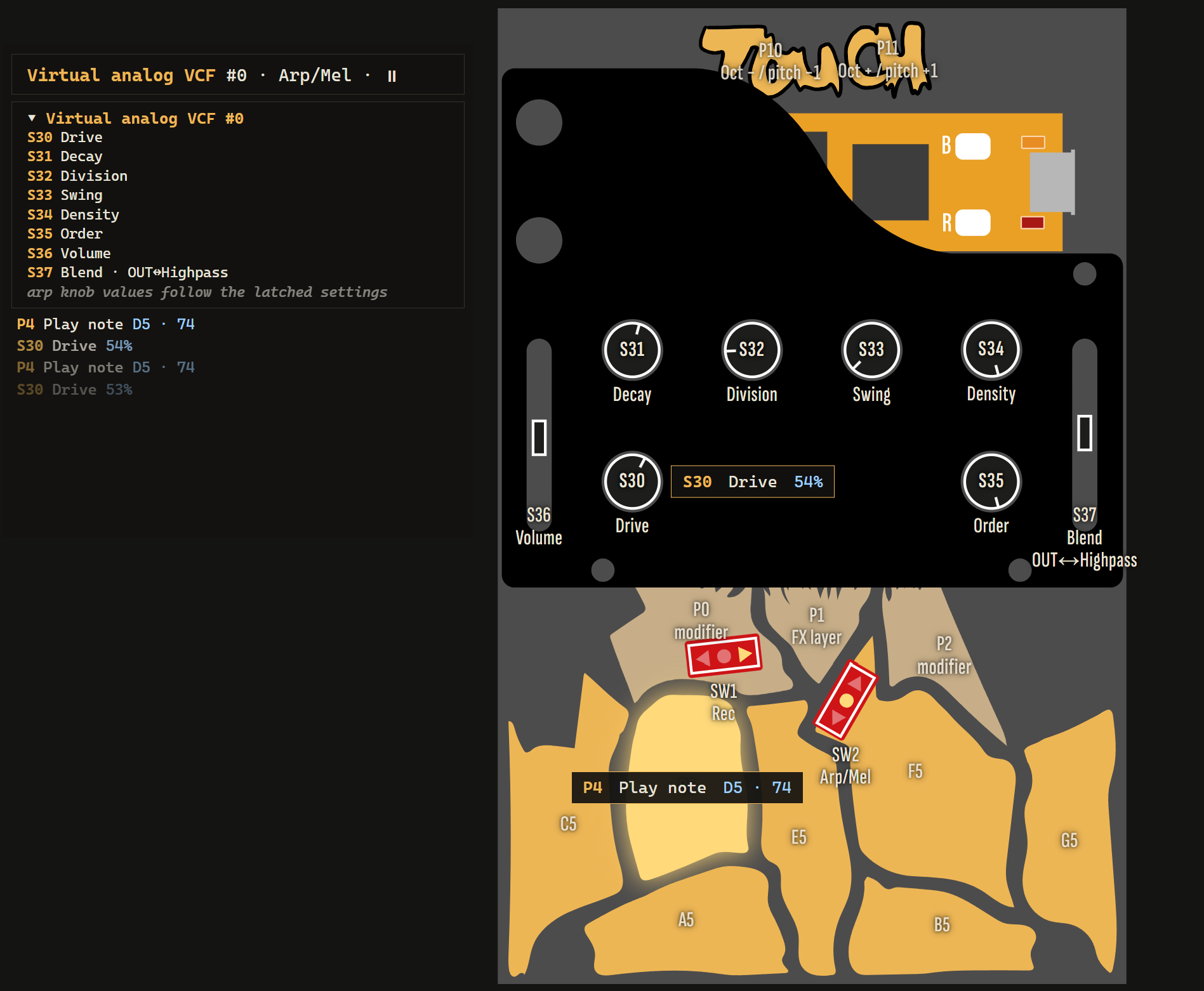 The TouchPlaited web visualizer showing the Touch 2 panel mirrored with its current parameters