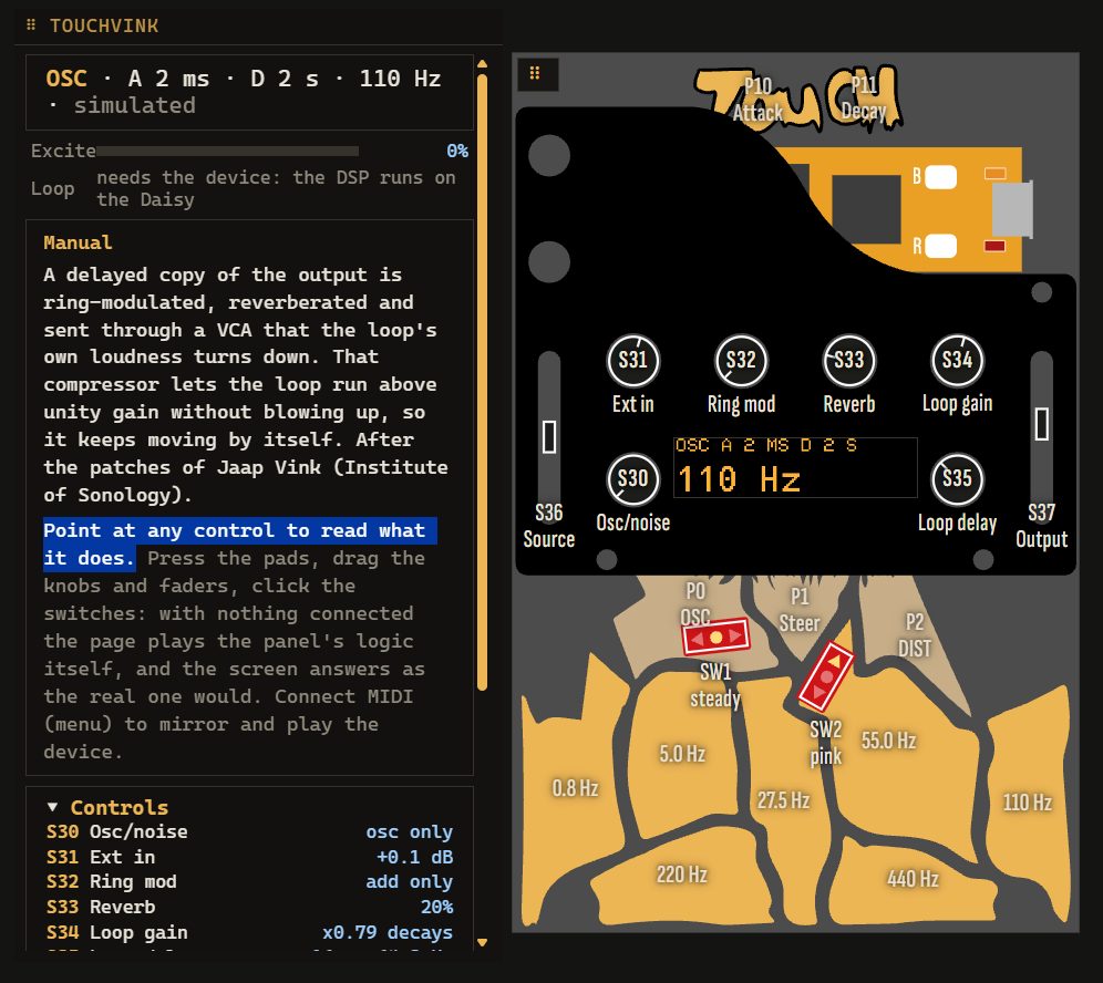 TouchVink web manual showing the Touch 2 panel with its controls and the manual text