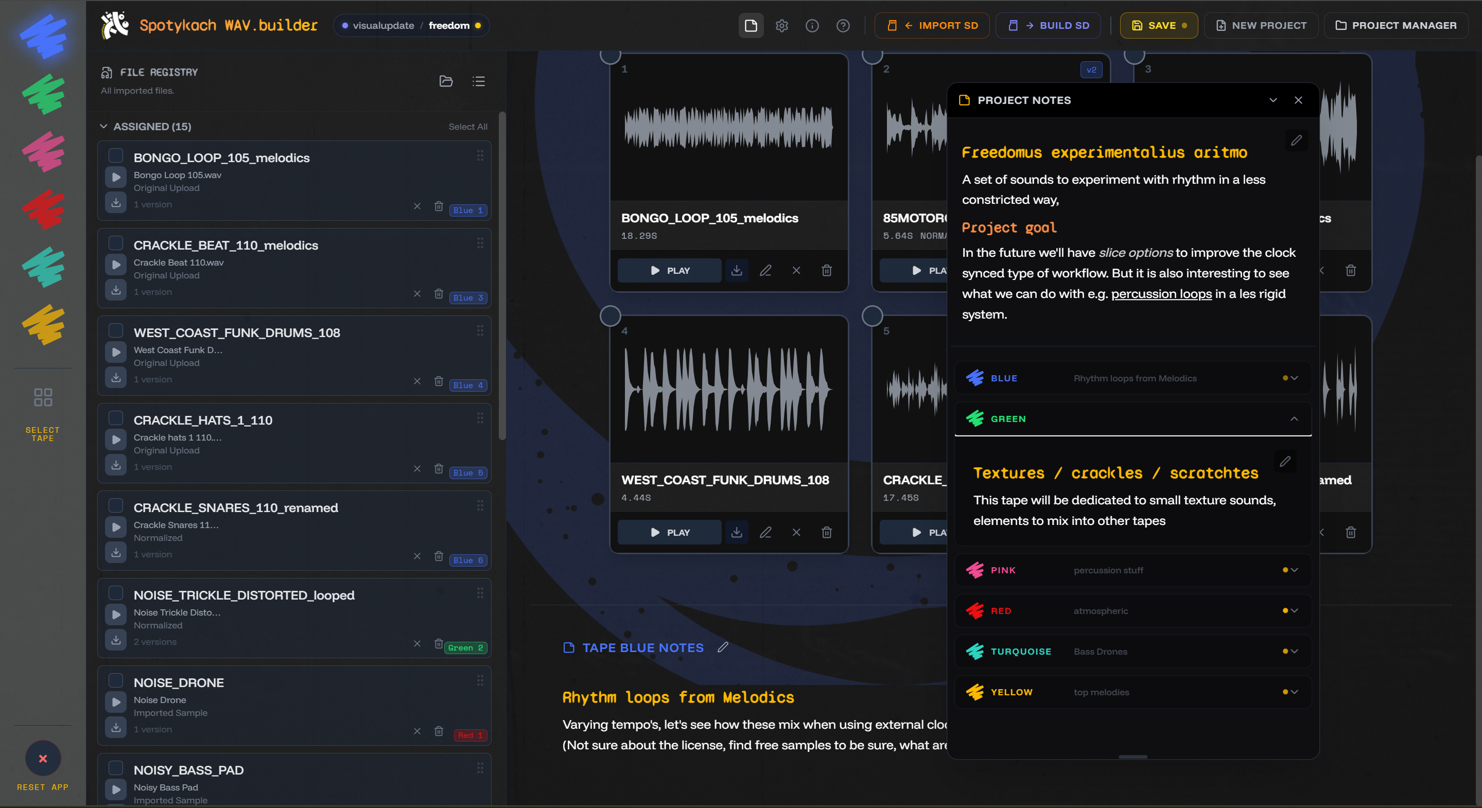 Spotykach WAV Builder showing a project's tape and slot list with waveforms and notes