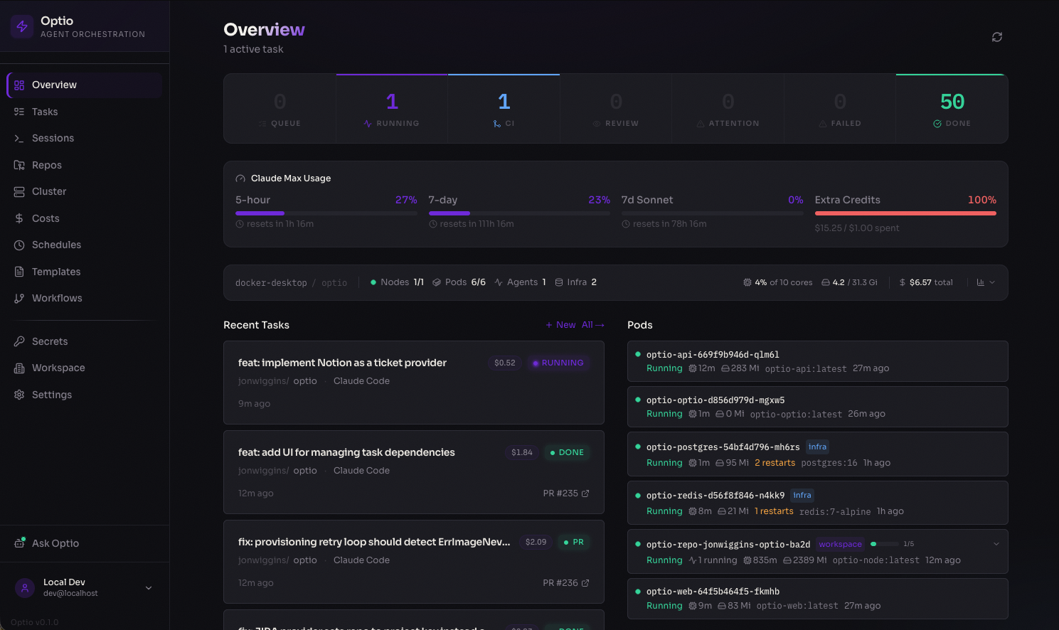 Optio dashboard showing 10 running tasks, 19 completed, with Claude Max usage, active pods, and recent task activity