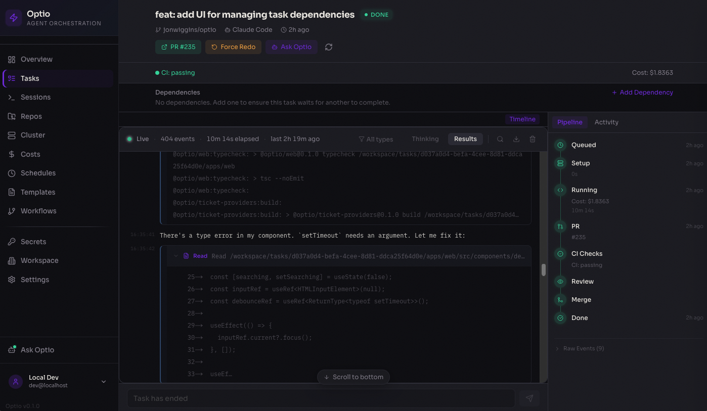Task detail view showing live agent logs, pipeline progress through stages (queued, setup, running, PR, CI checks, review, merge, done), and cost tracking