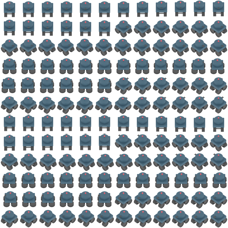 A sample spritesheet created by Spritesheet Renderer, of the same model arrayed over 12 rows and 12 columns. The frames go through an animation, then the model is rotated and the process repeated.