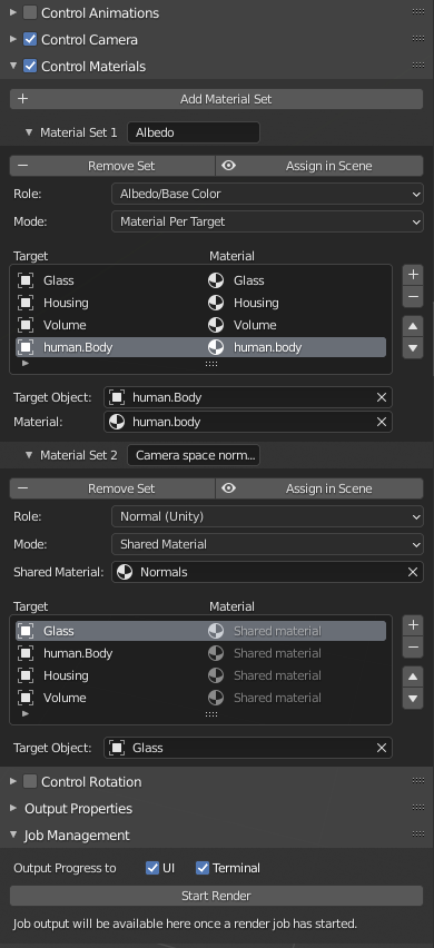 Add-on panel showing the UI for the Control Materials panel.