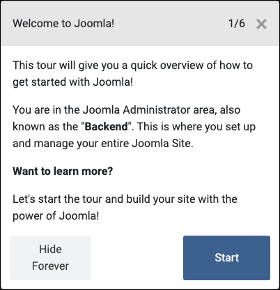 'Welcome to Joomla!' guided tour overlay window