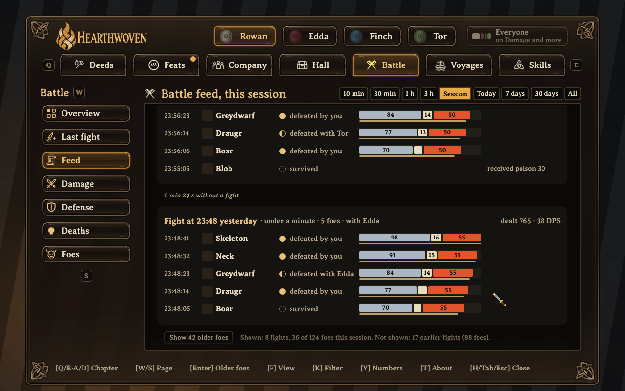 The end of the battle feed: each fight says which day it was, and Show older foes draws older fights