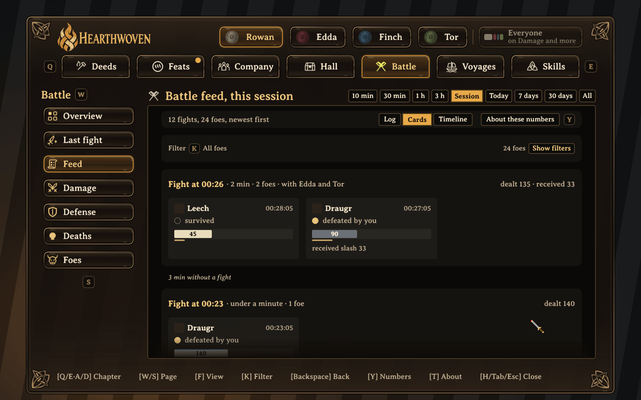 The battle feed as cards and as a log, with the foe filter
