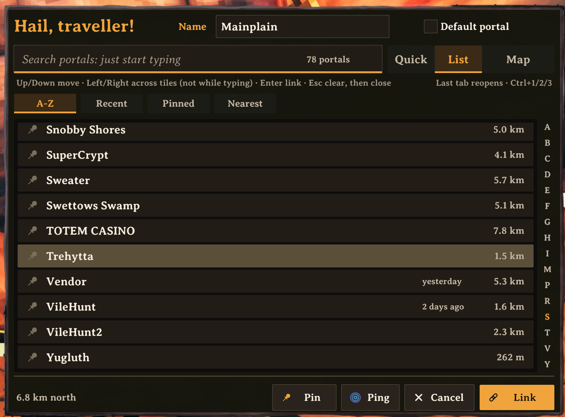 The List tab: all portals A to Z, with the letters on the right side