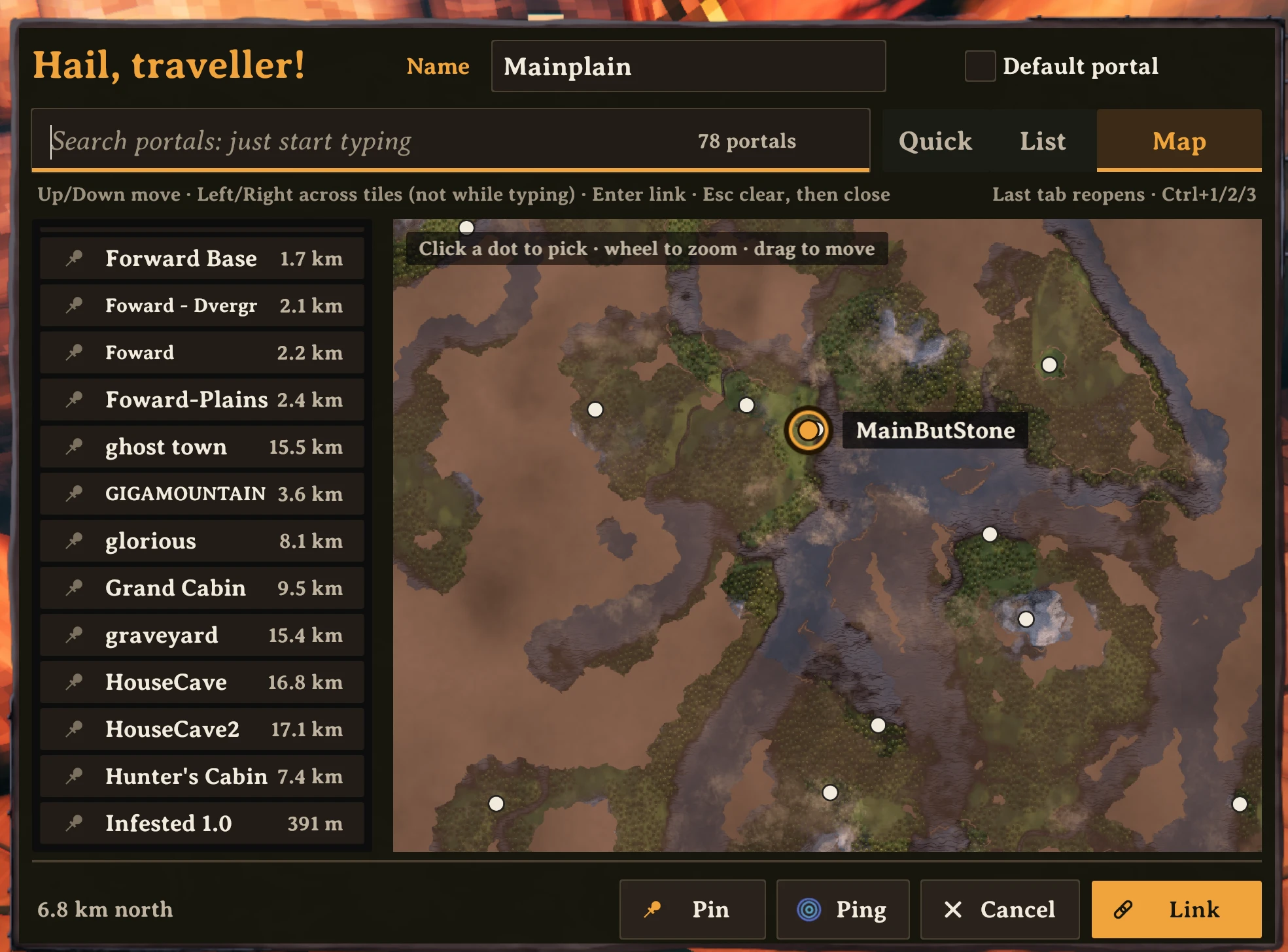 The Map tab: your explored map with a dot for each portal