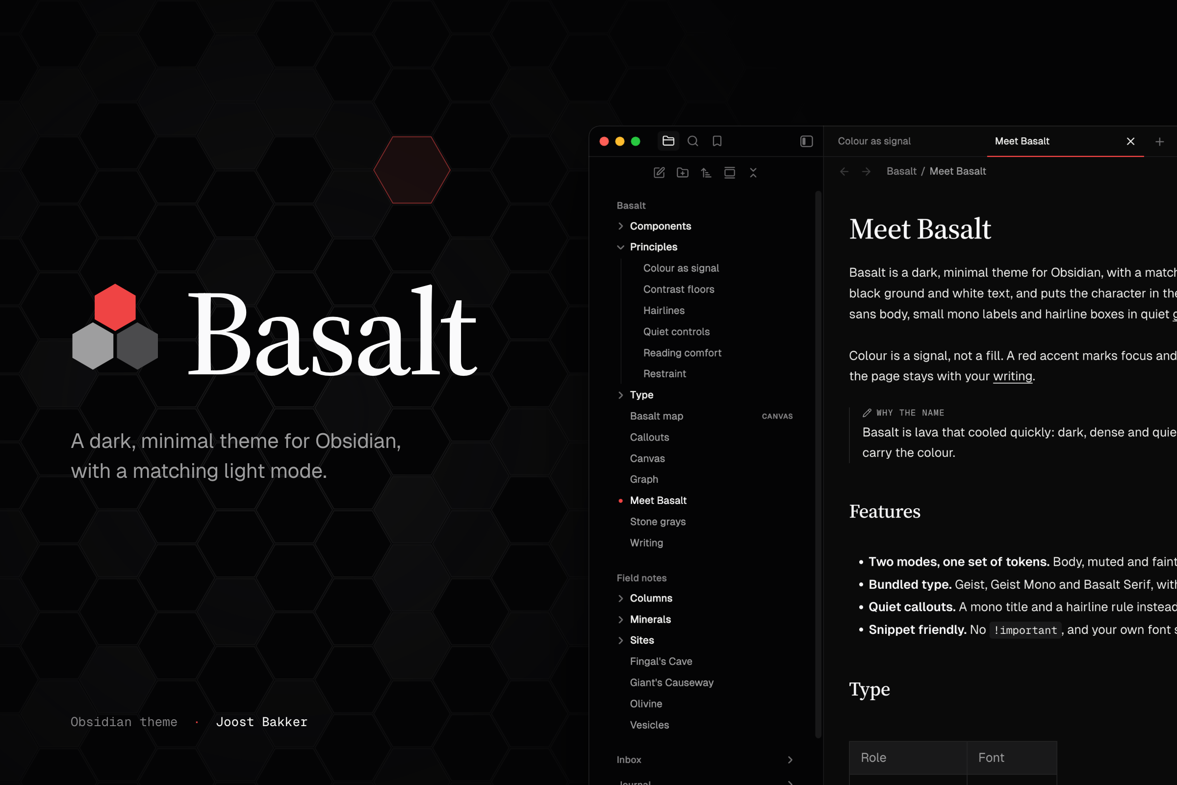 The Basalt wordmark beside a note in dark mode