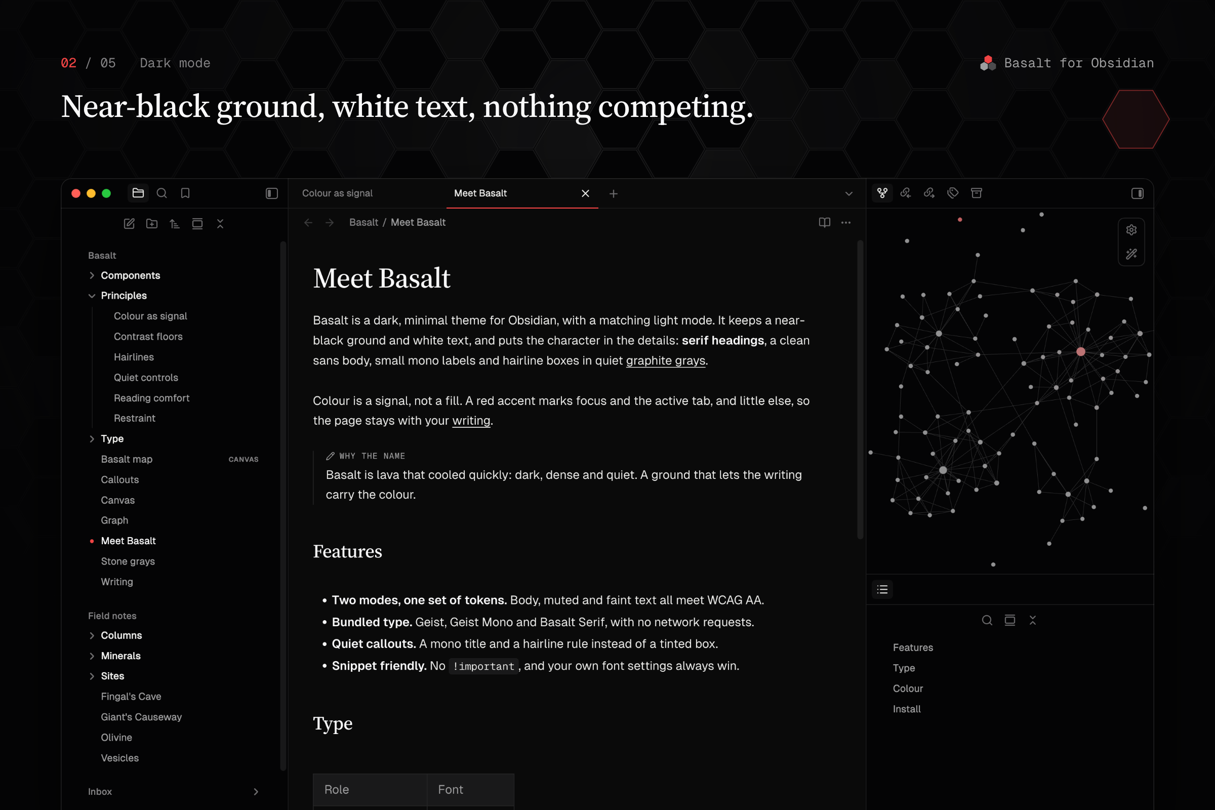A note in dark mode, with the file explorer, graph view and outline