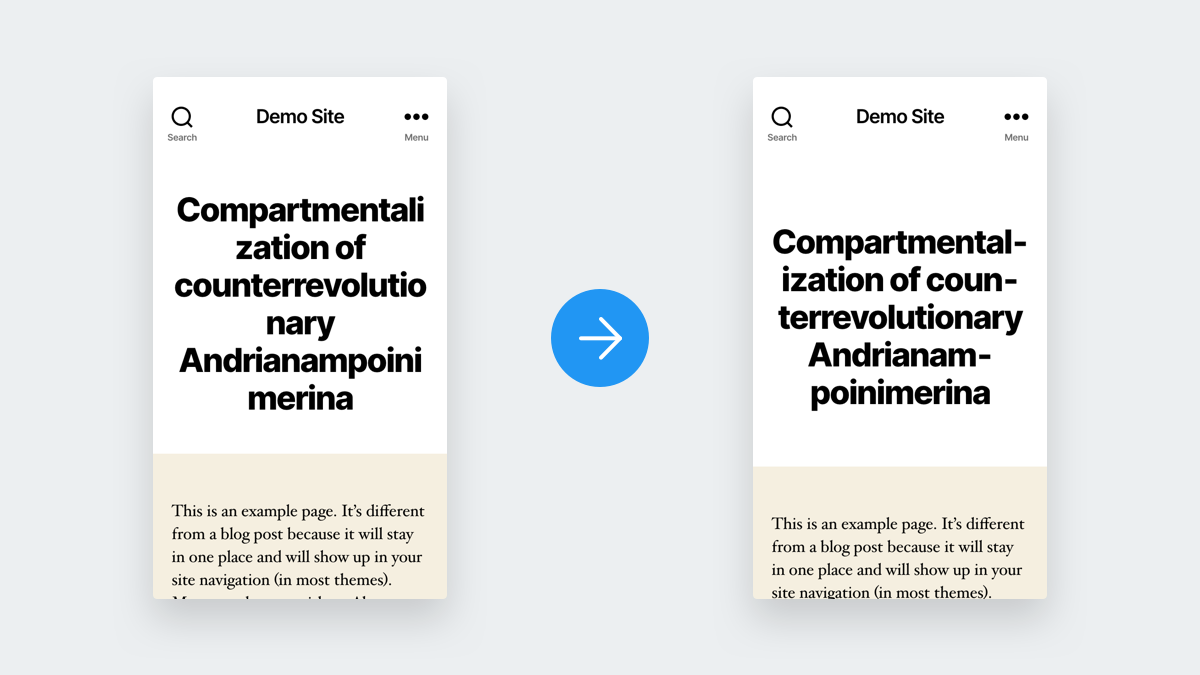Screenshot of two WordPress pages. Normal on the left, hyphenated on the right
