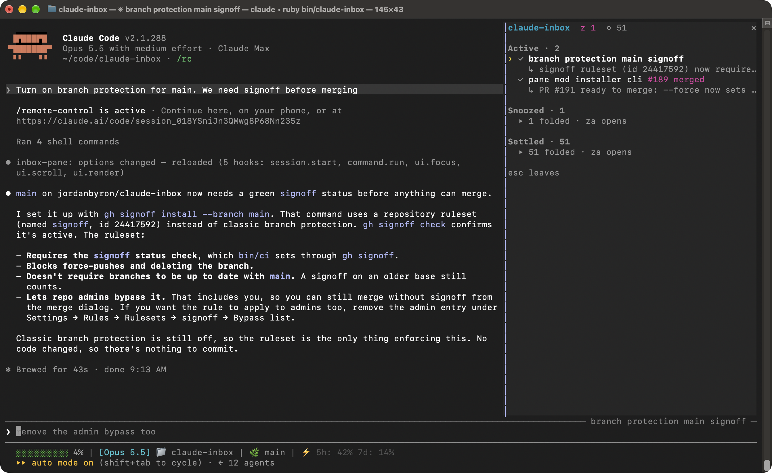 The inbox pane docked beside a Claude Code transcript