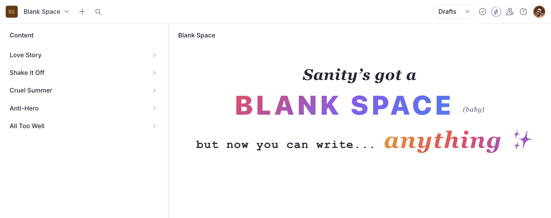 Demo of sanity-plugin-blank-space showing a custom welcome pane in Sanity Studio