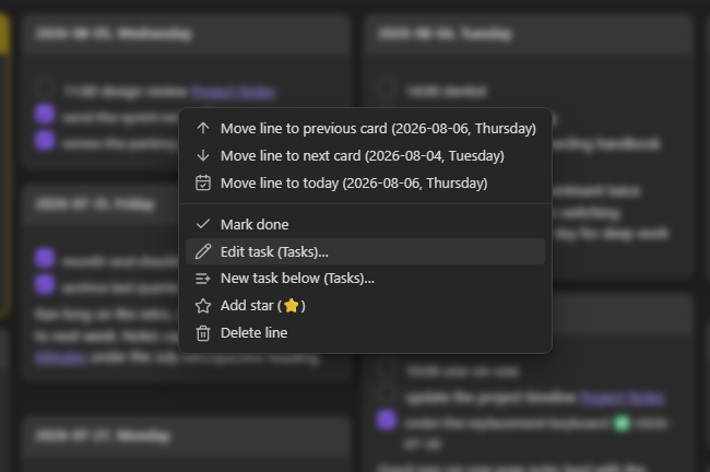 The right-click menu on a task, with the Tasks plugin installed