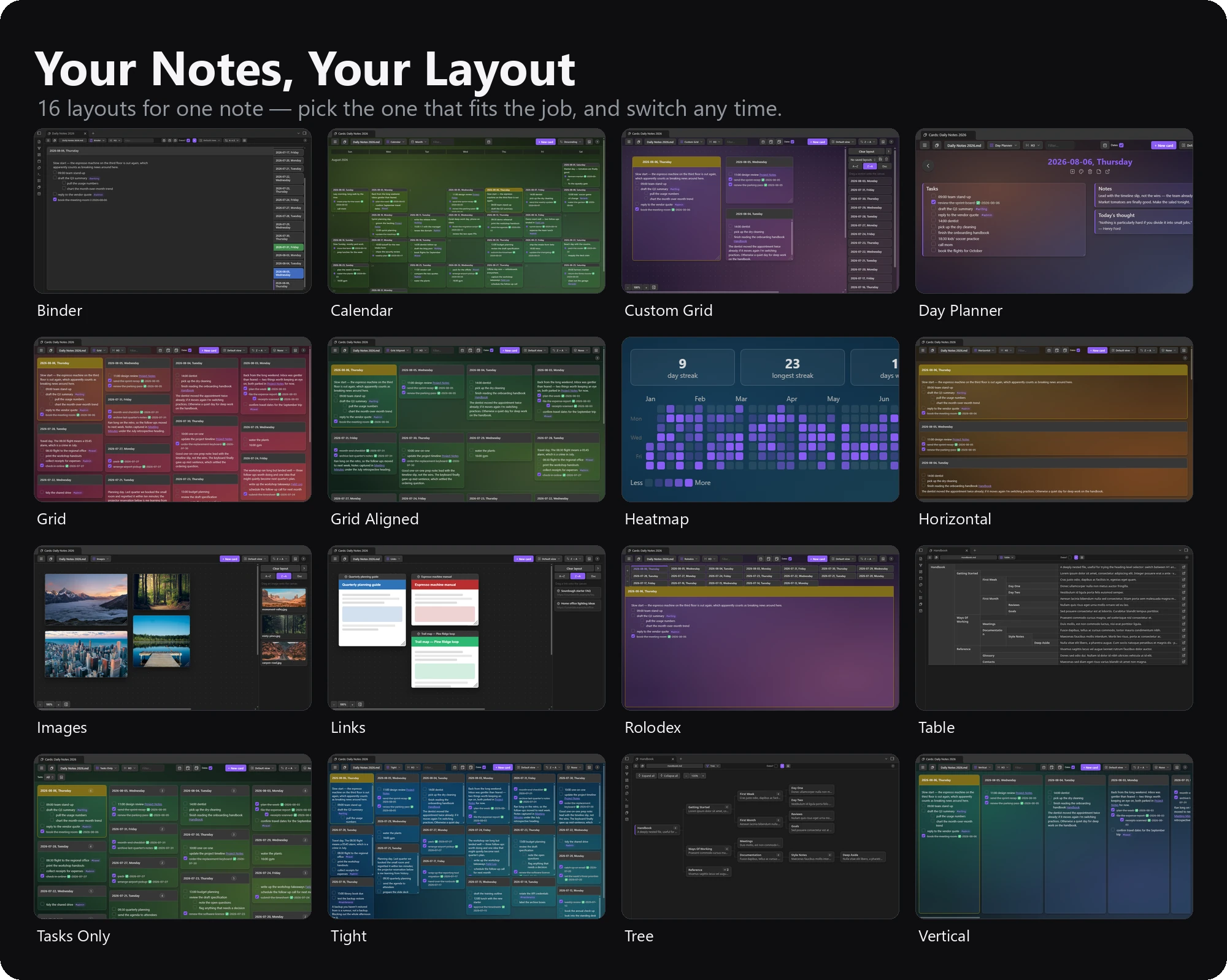 Your notes, your layout — sixteen layouts for one note