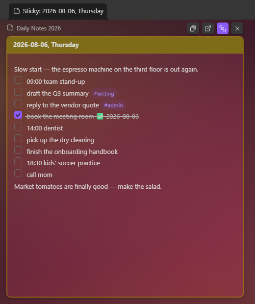 A sticky: one card in its own small window
