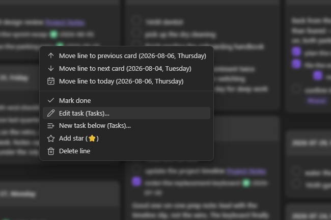 The right-click menu on a task, with the Tasks plugin installed