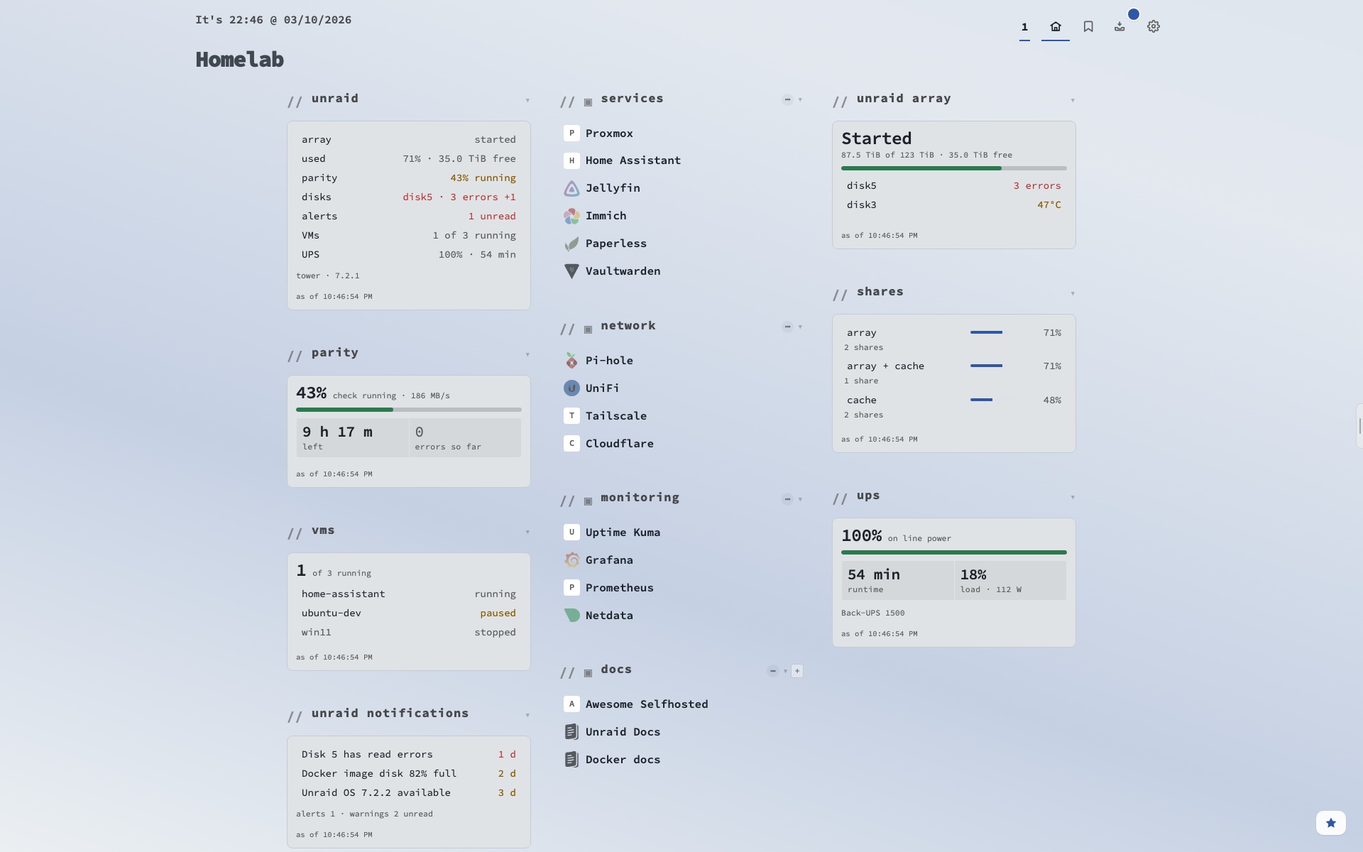 Unraid widgets in the Unraid Azure theme