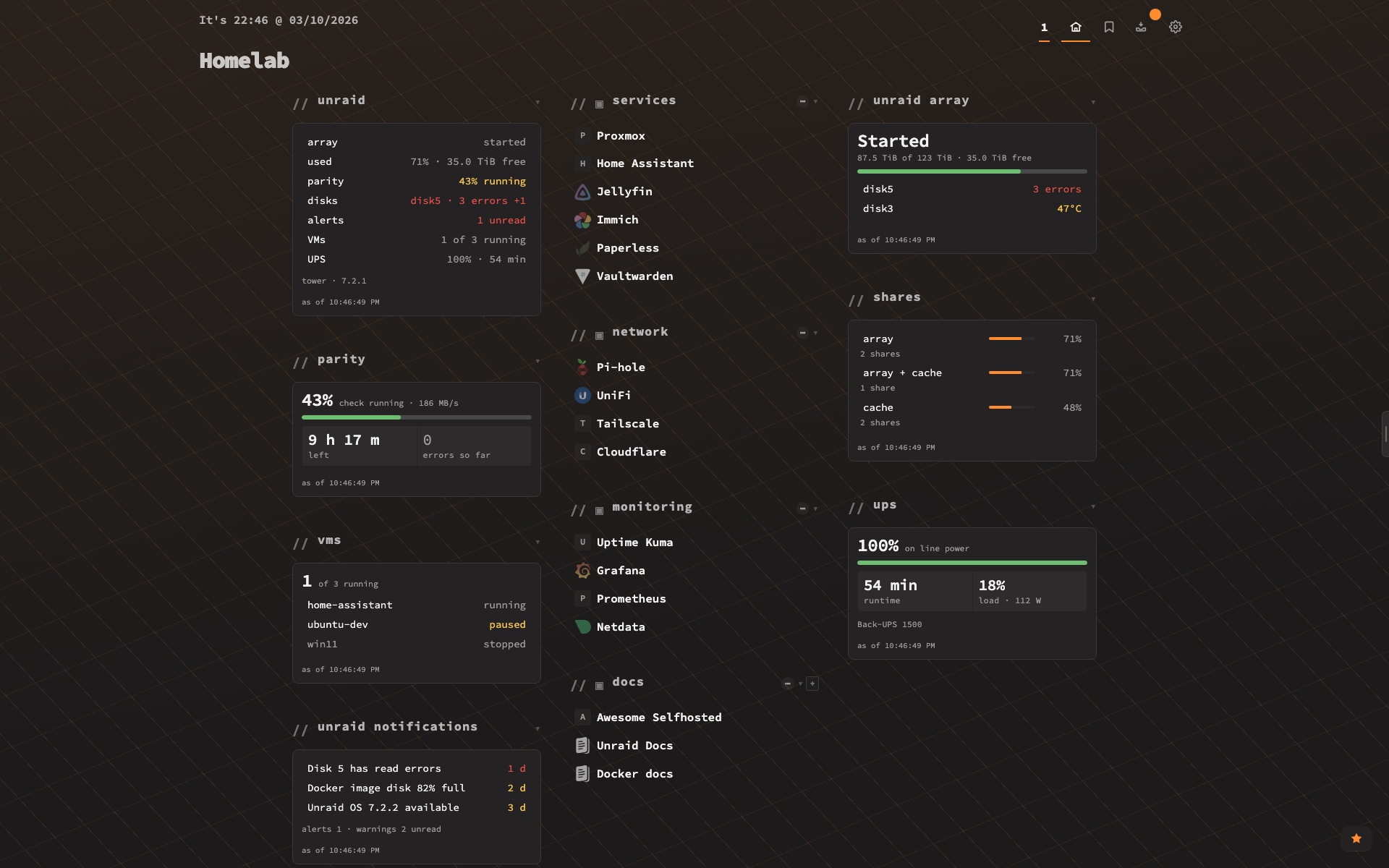 Unraid widgets in the Unraid Black theme