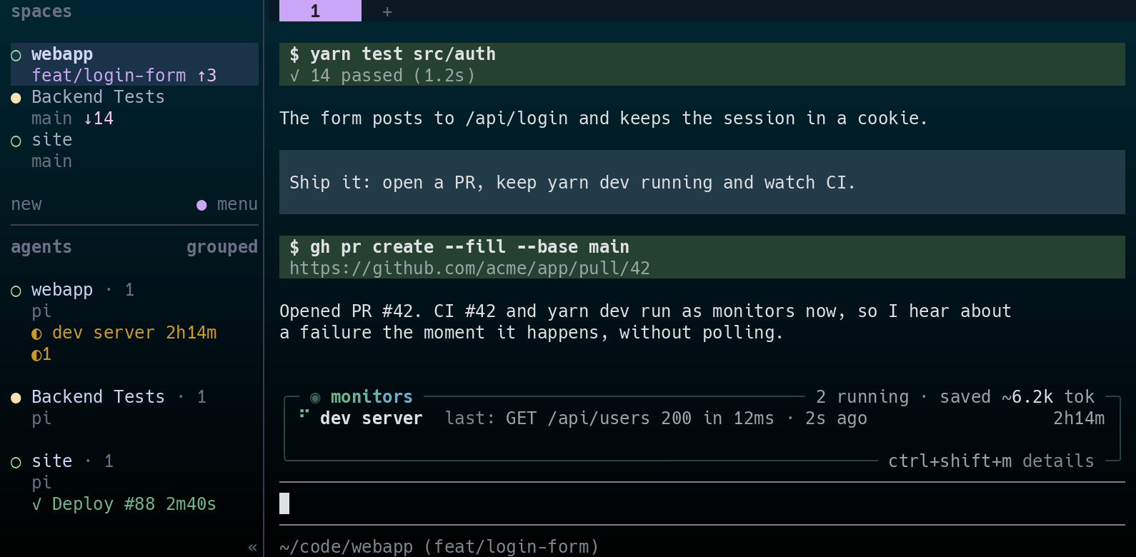 Herdr with pi-monitor rows in its sidebar. Under the webapp pi agent, the monitor row shows CI #42 running with an ETA bar and a counts row of two running and one waiting. The test job fails and the row turns red with a failure count and an arrow while pi works on it, and the dock in the pi pane shows the same run. In the Backend Tests space, the checkout job of e2e #17 fails while the run goes on: a red toast right away, and the agent is marked blocked once the run ends. CI #42 goes green, Deploy #88 in the site space goes green with a toast, and the finished rows disappear.