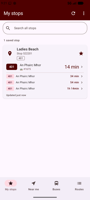 Saved stops with live departures
