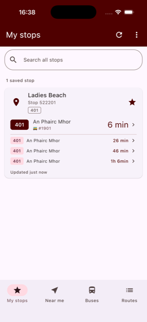 Saved stops with live departures