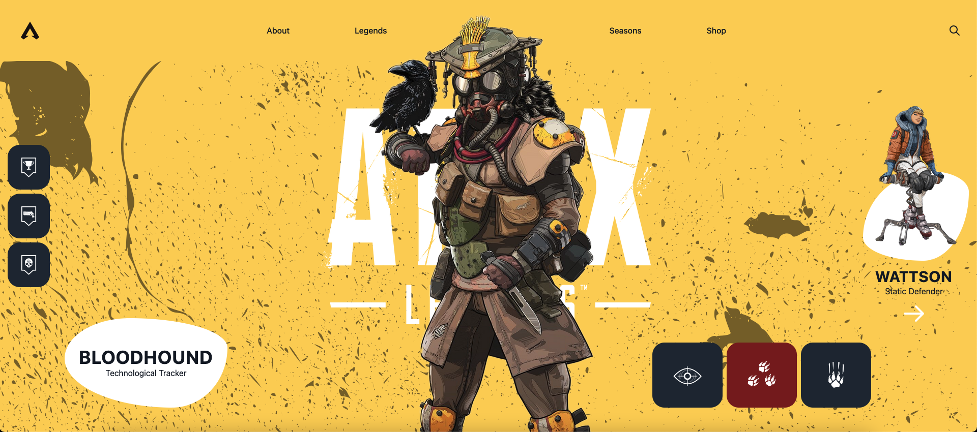 Screenshot of the apex legends site which features the legend bloodhound