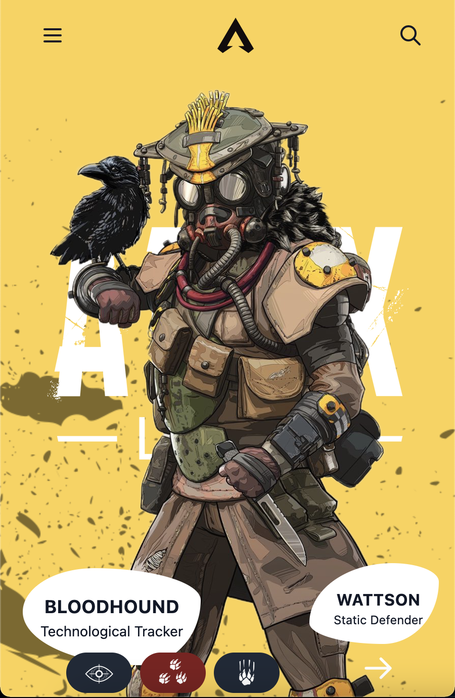 Mobile screenshot of the apex legends site which features the legend bloodhound