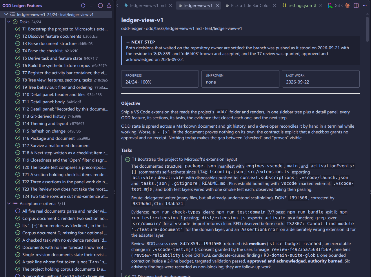 The sidebar tree and the detail panel, reading a feature document