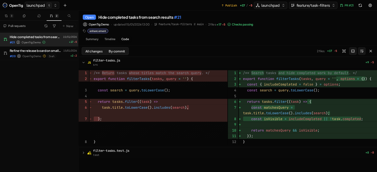 OpenTig reviewing a TypeScript split diff in a demo repository