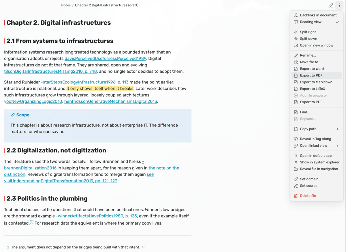 The menu of a note, with Export to Word, Export to PDF, Export to Markdown and Export to LaTeX