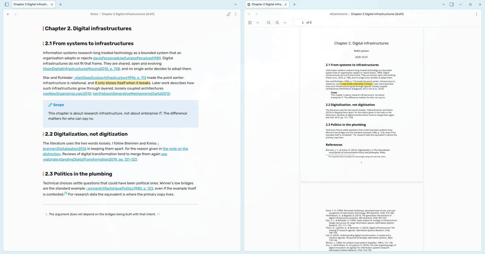 A chapter in Obsidian with citation links, next to its PDF export opened in Obsidian, with the citations and the full reference list