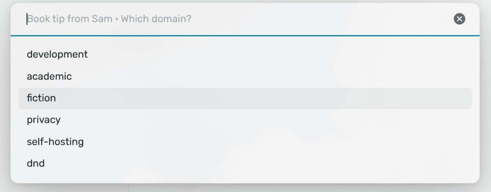 File note asking which domain the note Book tip from Sam belongs to