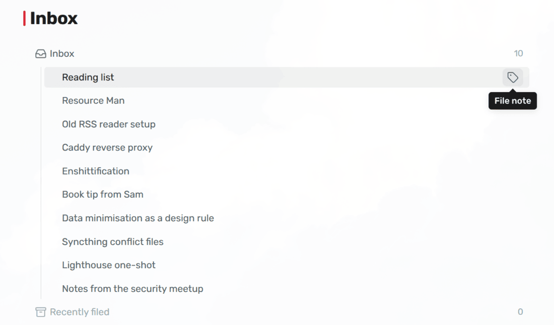 The inbox block in a note, listing ten notes that still need tags, with the File note button on the first