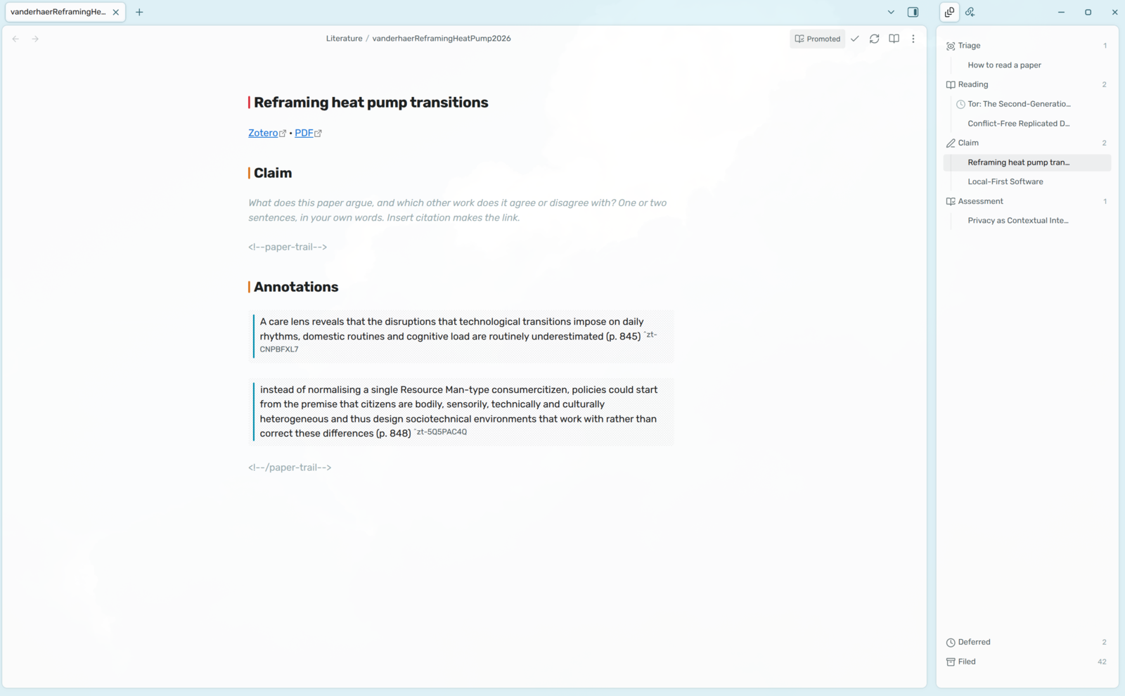 A paper note in Obsidian, with the Paper Trail queue in the sidebar next to it
