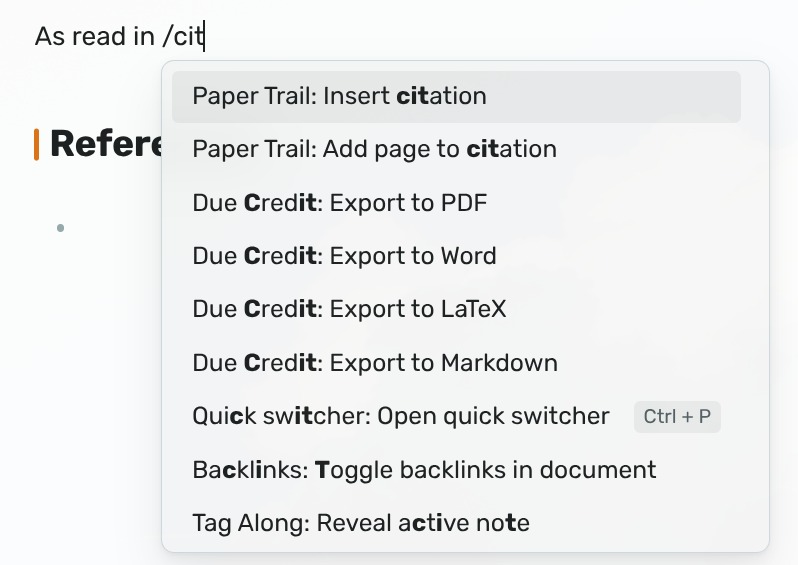 Typing /cit in a note offers Insert citation and Add page to citation, next to the export commands of Due Credit