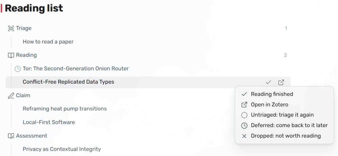 The queue as a block in a note: Triage, Reading, Claim and Assessment, with the right-click menu of a row open