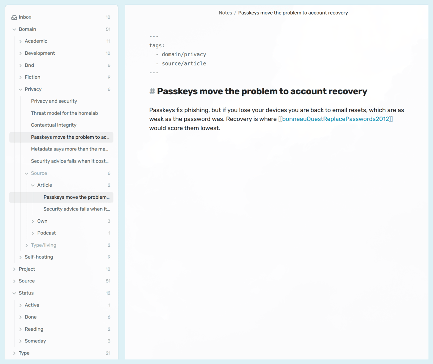 Tag Along next to a note tagged domain/privacy and source/article: the note is in the Privacy folder, and also in Article through the grey Source filter folder