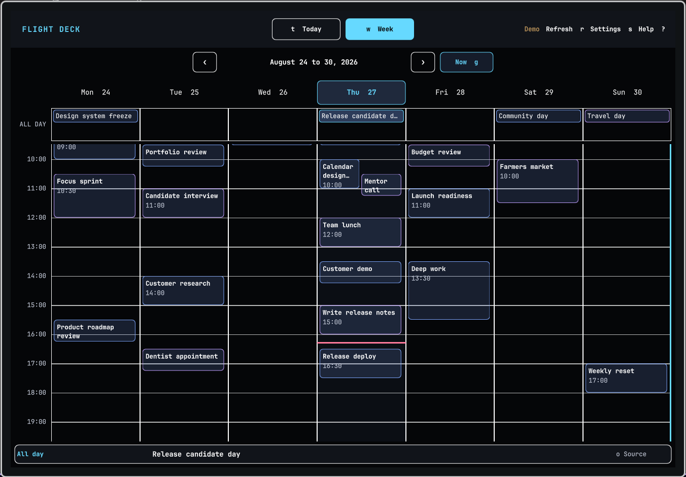 High Contrast Week view with strong grid borders, visible focus, and color-independent event selection